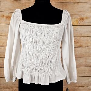 Astrid Clothing White Smocked Cropped Blouse Shirt Size Medium